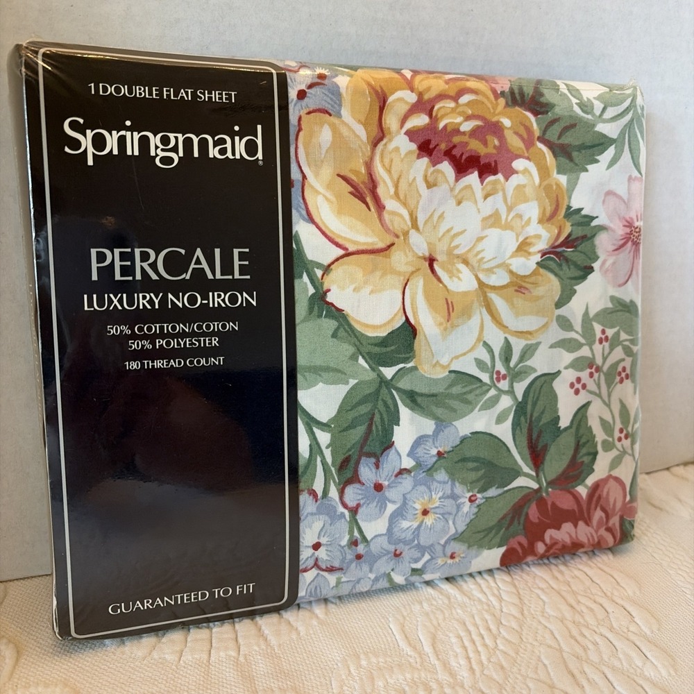 Vintage Springmaid Double Flat Sheet Marietta Floral Rose Pink Blue Percale New